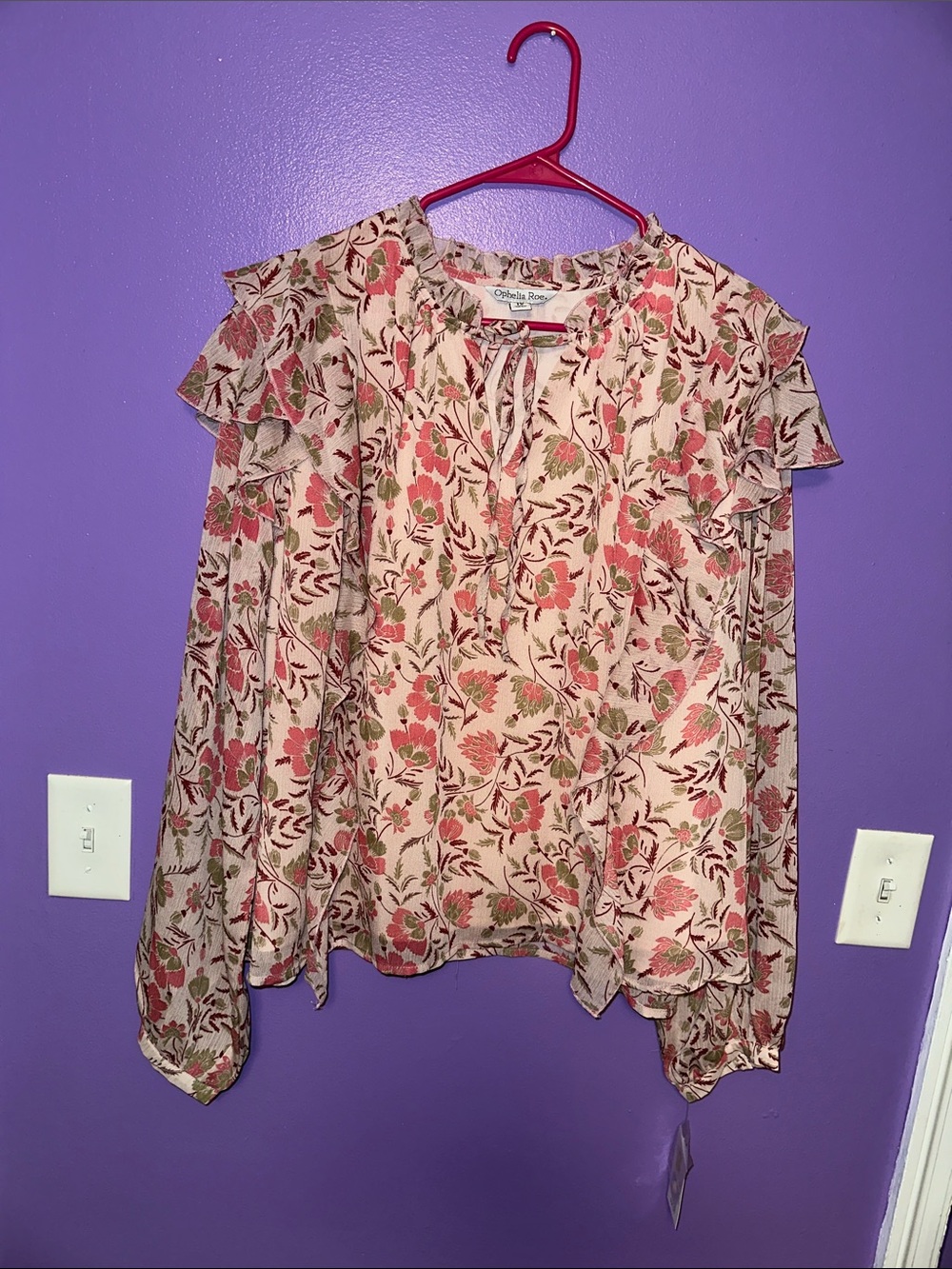 Floral Tie-Neck Ruffle Blouse - Pink